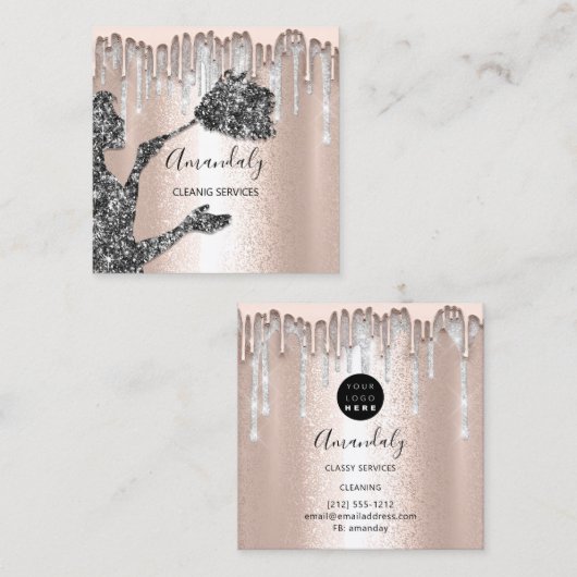 メイドハウスクリーニングサービスロゴシルバードリップグレー スクエア名刺 (正面/裏面)
