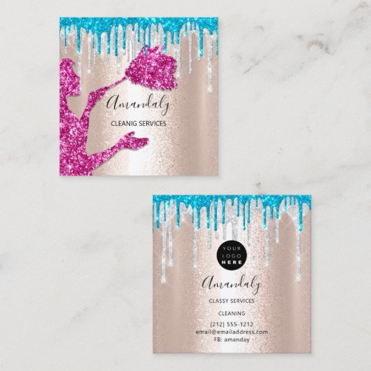 メイドハウスクリーニングサービスロゴシルバードリップピンク スクエア名刺 (正面/裏面)