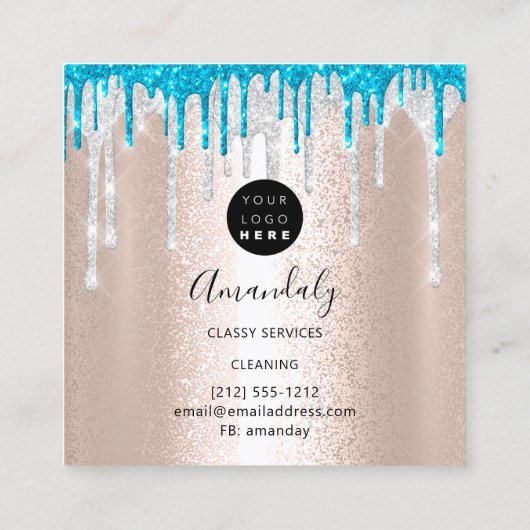 メイドハウスクリーニングサービスロゴシルバードリップピンク スクエア名刺 (裏面)