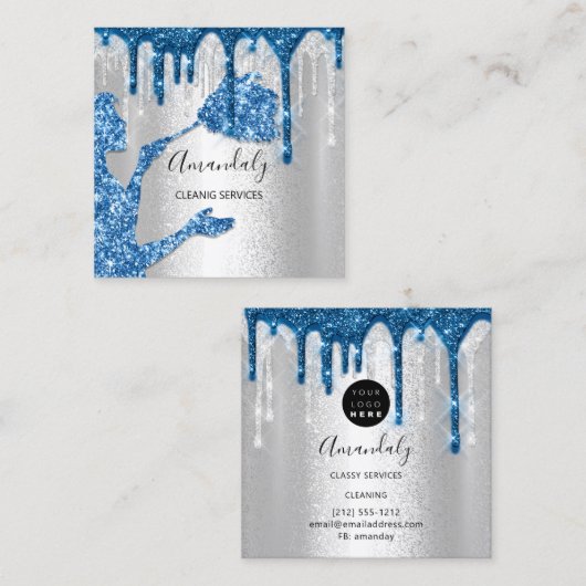 メイドハウスクリーニングサービスロゴシルバードリップブルー スクエア名刺 (正面/裏面)