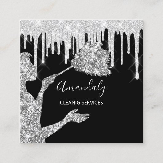 メイドハウスクリーニングサービスロゴシルバードリップ スクエア名刺 (正面)
