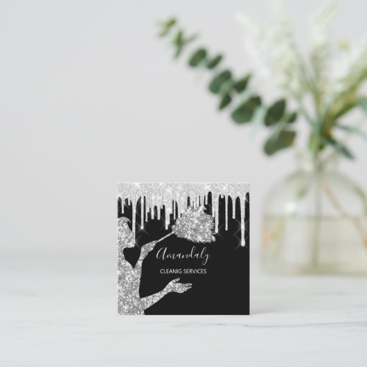 メイドハウスクリーニングサービスロゴシルバードリップ スクエア名刺 (スタンド正面)