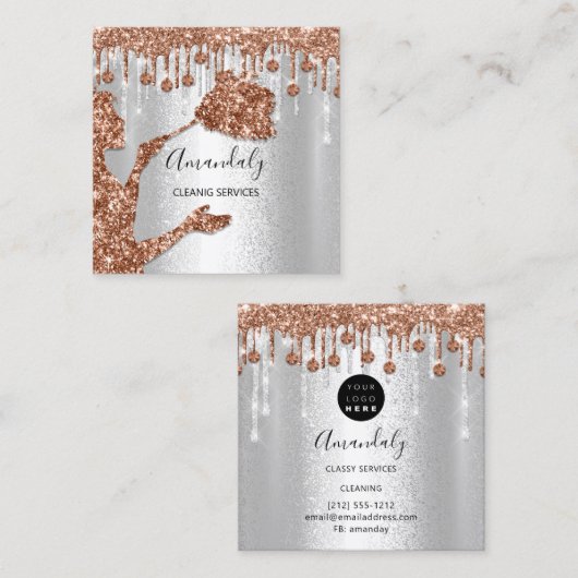 メイドハウスクリーニングサービスロゴシルバーバラ金ゴールド スクエア名刺 (正面/裏面)