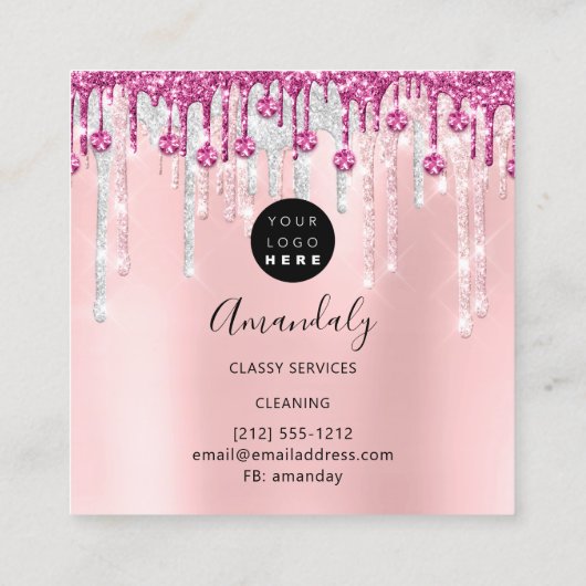 メイドハウスクリーニングサービスロゴシルバーピンクグラム スクエア名刺 (裏面)