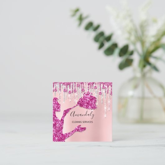 メイドハウスクリーニングサービスロゴシルバーピンクグラム スクエア名刺 (スタンド正面)