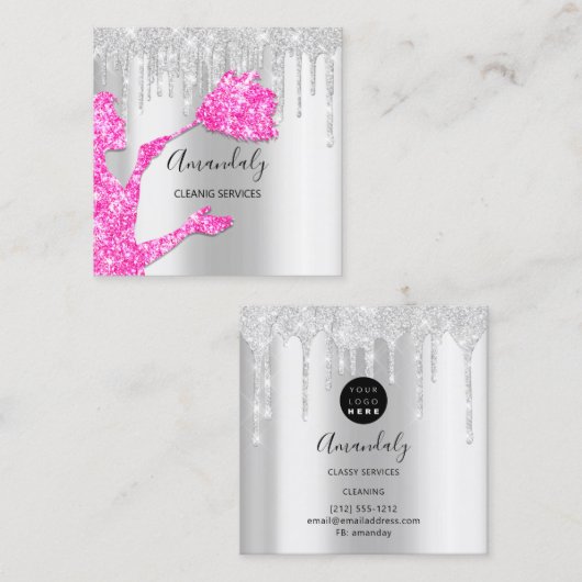 メイドハウスクリーニングサービスロゴシルバーピンクグレー スクエア名刺 (正面/裏面)