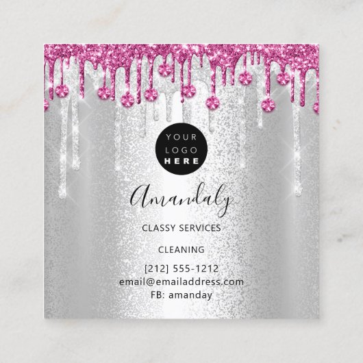 メイドハウスクリーニングサービスロゴシルバーピンクグレー スクエア名刺 (裏面)