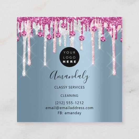 メイドハウスクリーニングサービスロゴシルバーピンクブルー スクエア名刺 (裏面)