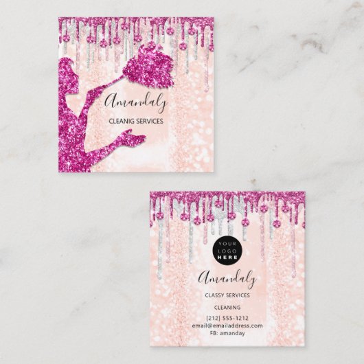 メイドハウスクリーニングサービスロゴシルバーピンクルクス スクエア名刺 (正面/裏面)