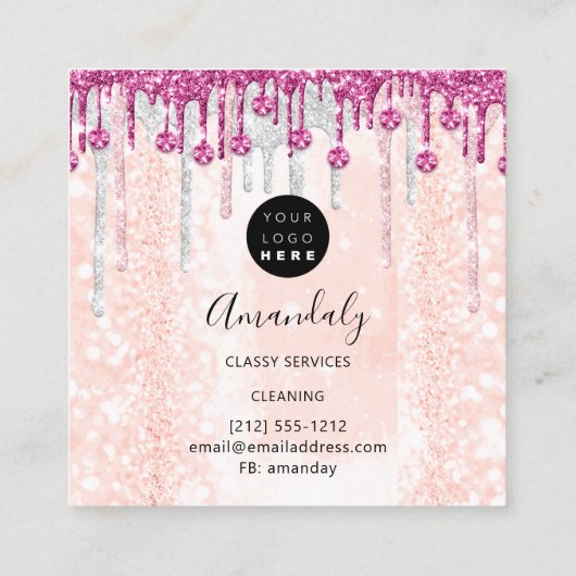 メイドハウスクリーニングサービスロゴシルバーピンクルクス スクエア名刺 (裏面)