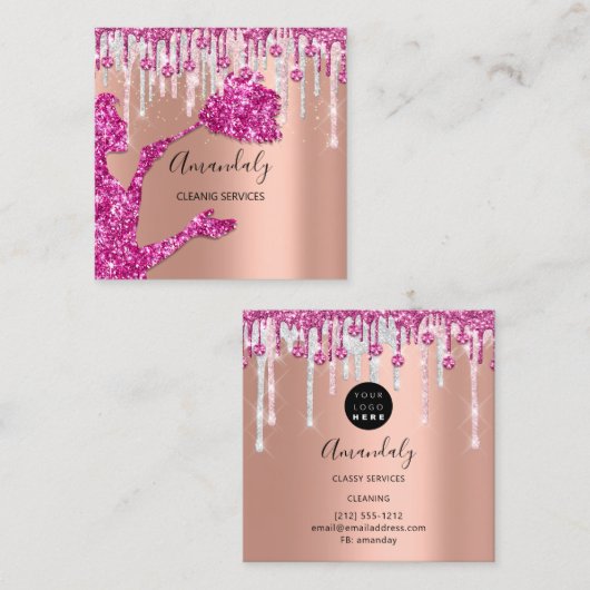 メイドハウスクリーニングサービスロゴシルバーピンクローズ スクエア名刺 (正面/裏面)