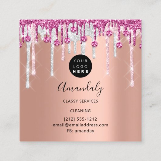 メイドハウスクリーニングサービスロゴシルバーピンクローズ スクエア名刺 (裏面)