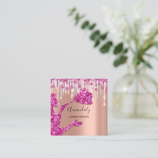 メイドハウスクリーニングサービスロゴシルバーピンクローズ スクエア名刺 (スタンド正面)