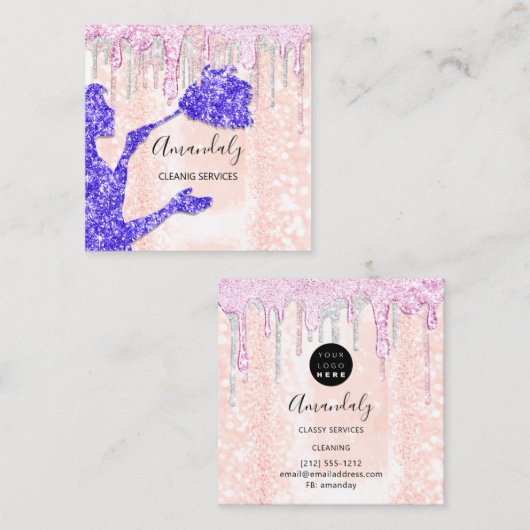 メイドハウスクリーニングサービスロゴシルバーピンク スクエア名刺 (正面/裏面)