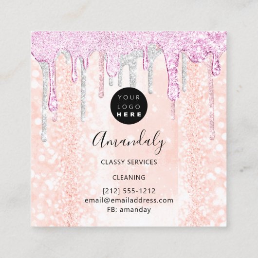 メイドハウスクリーニングサービスロゴシルバーピンク スクエア名刺 (裏面)