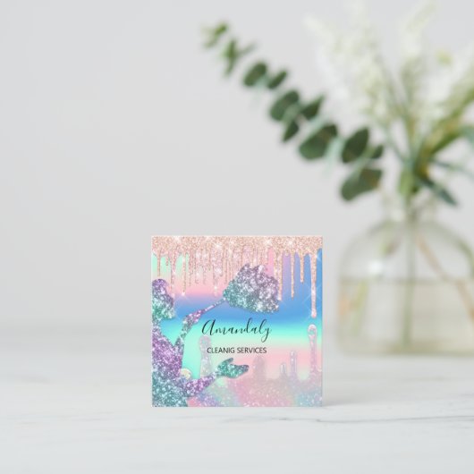 メイドハウスクリーニングサービスロゴドライグラデーションプ スクエア名刺 (スタンド正面)