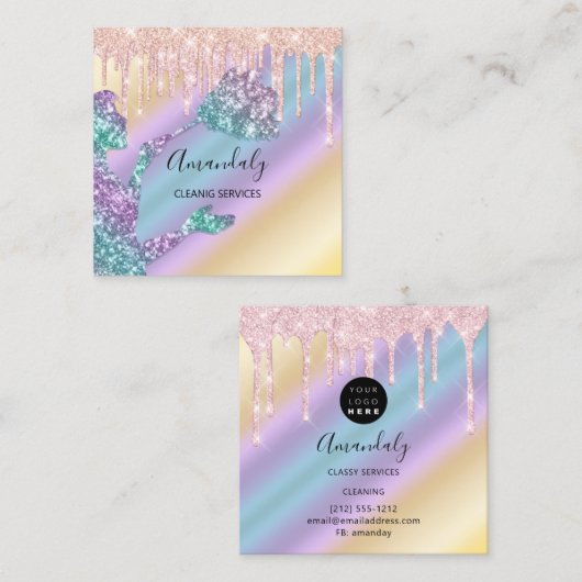 メイドハウスクリーニングサービスロゴドリップグリッター スクエア名刺 (正面/裏面)
