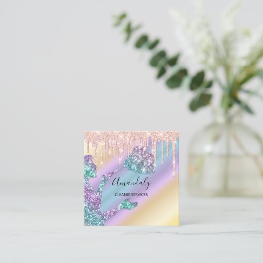 メイドハウスクリーニングサービスロゴドリップグリッター スクエア名刺 (スタンド正面)