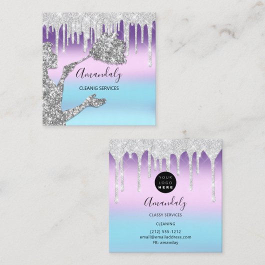 メイドハウスクリーニングサービスロゴドリップスシルバー スクエア名刺 (正面/裏面)