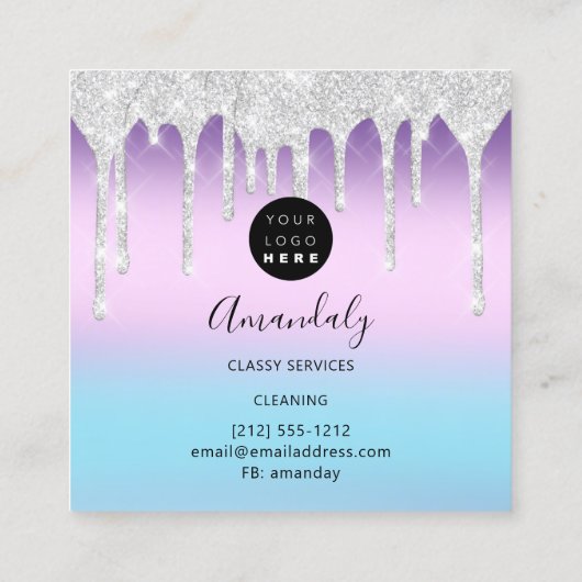 メイドハウスクリーニングサービスロゴドリップスシルバー スクエア名刺 (裏面)