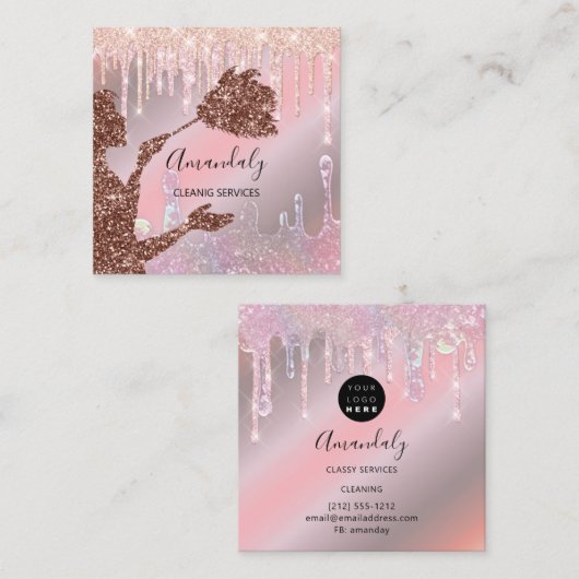 メイドハウスクリーニングサービスロゴドリップスバラGlam スクエア名刺 (正面/裏面)
