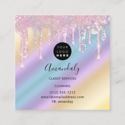 メイドハウスクリーニングサービスロゴドリップホログラフ スクエア名刺 (裏面)
