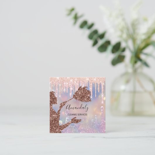 メイドハウスクリーニングサービスロゴドリップホログラフ スクエア名刺 (スタンド正面)