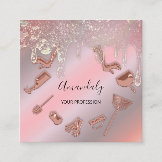 メイドハウスクリーニングサービスロゴバラドリップユニーク スクエア名刺 (正面)