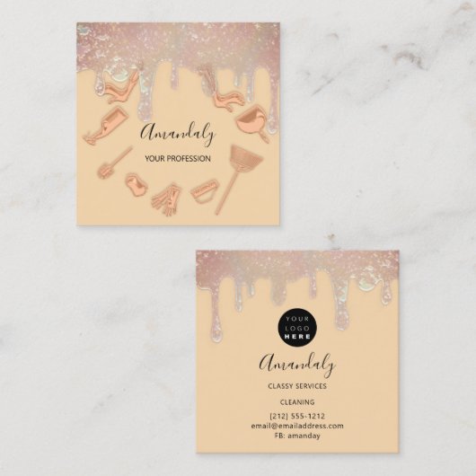 メイドハウスクリーニングサービスロゴバラ銅 スクエア名刺 (正面/裏面)