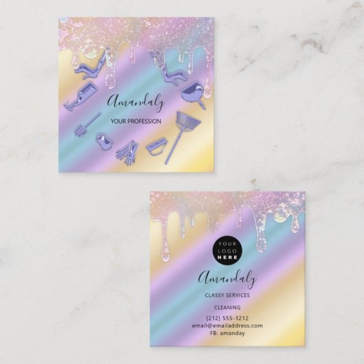 メイドハウスクリーニングサービスロゴパープルドリップ スクエア名刺 (正面/裏面)