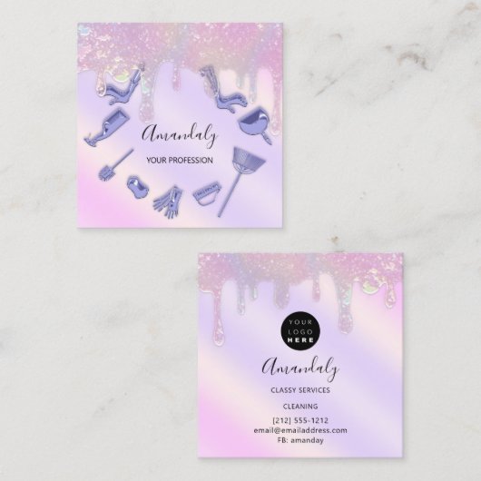メイドハウスクリーニングサービスロゴパープルパステル スクエア名刺 (正面/裏面)
