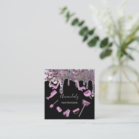 メイドハウスクリーニングサービスロゴホログラフィブラック スクエア名刺 (スタンド正面)