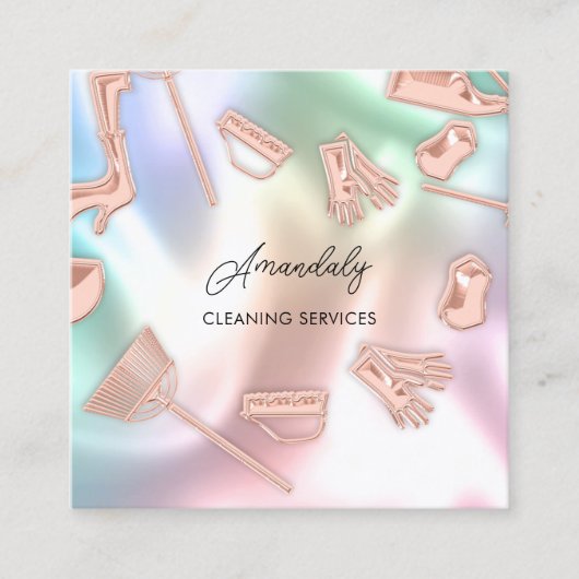 メイドハウス清掃オフィスサービスロゴホログラフ スクエア名刺 (正面)