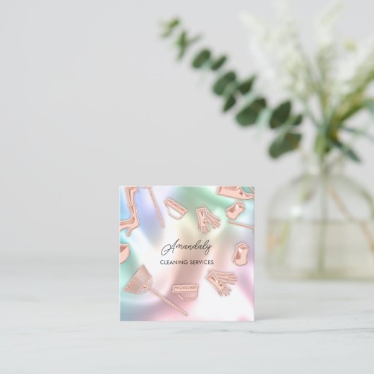 メイドハウス清掃オフィスサービスロゴホログラフ スクエア名刺 (スタンド正面)