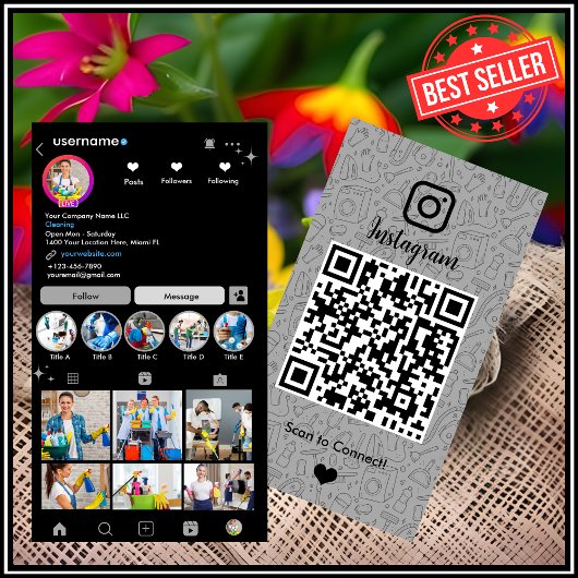 メイド掃除Instagramグレー家事QRコード 名刺