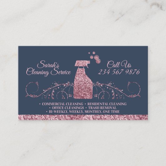 メイド清掃清掃きらめく清掃ピンクのネイビーグリッツ 名刺 (正面)