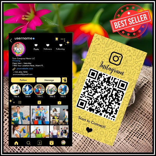 メイド清掃InstagramイエローハウスキーピングQR 名刺