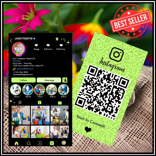 メイド清掃InstagramライムグリーンハウスキーピングQR 名刺