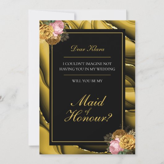 「メイド・オブ・オナー」エレガント フラワー ゴールド プロポーズ 招待状 (正面)