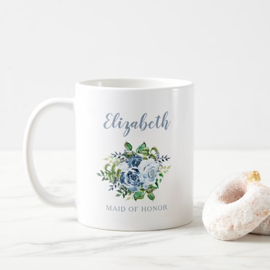 メイド・オブ・オナー 水彩花柄 ダスティブルーの結婚式 コーヒーマグカップ (ドーナツ)