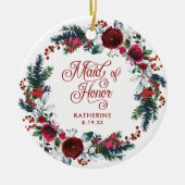 メイド・オブ・オーナー(花嫁付き添い人)クリスマスフローラリース パーソナライズされた セラミックオーナメント (正面)