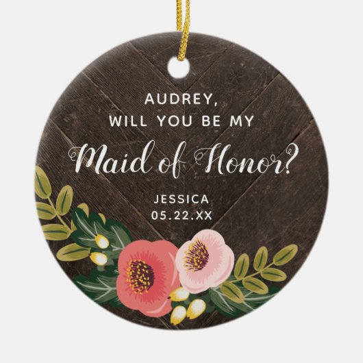 メイド・オブ・オーナー（花嫁付き添い人）パーソナライズされたファームハウスボホ花模様 セラミックオーナメント (正面)
