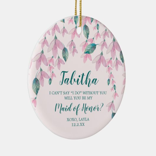 メイド・オブ・オーナー（花嫁付き添い人）パーソナライズされた提案ピンク花模様 セラミックオーナメント (右)