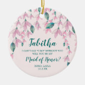 メイド・オブ・オーナー(花嫁付き添い人)パーソナライズされた提案ピンク花模様 セラミックオーナメント (正面)