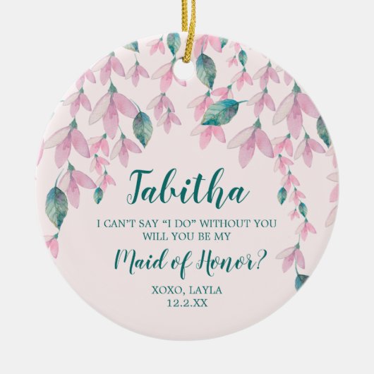 メイド・オブ・オーナー（花嫁付き添い人）パーソナライズされた提案ピンク花模様 セラミックオーナメント (正面)