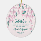 メイド・オブ・オーナー(花嫁付き添い人)パーソナライズされた提案ピンク花模様 セラミックオーナメント (左)