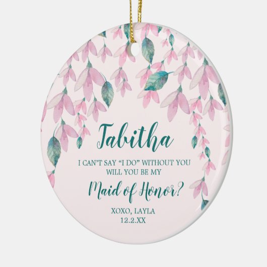 メイド・オブ・オーナー（花嫁付き添い人）パーソナライズされた提案ピンク花模様 セラミックオーナメント (左)