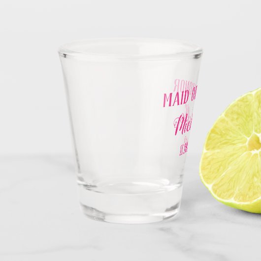 メイド・オブ・オーナー（花嫁付き添い人）ピンク名前をカスタムする結婚ギフトのショット ショットグラス (左)
