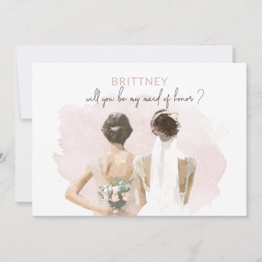 メイド・オブ・オーナー(花嫁付き添い人)ブラウンヘアピンクウォーターカラーカード カード (正面)