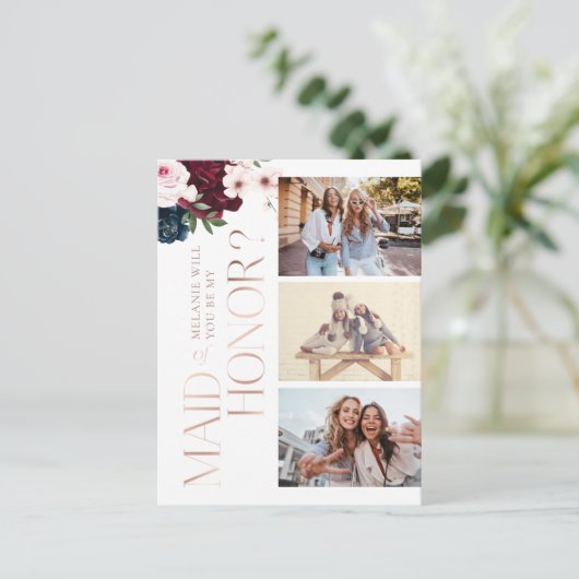メイド・オブ・オーナー（花嫁付き添い人）?ブルゴーニュ&ネイビー花模様写真 インビテーションポストカード (スタンド正面)